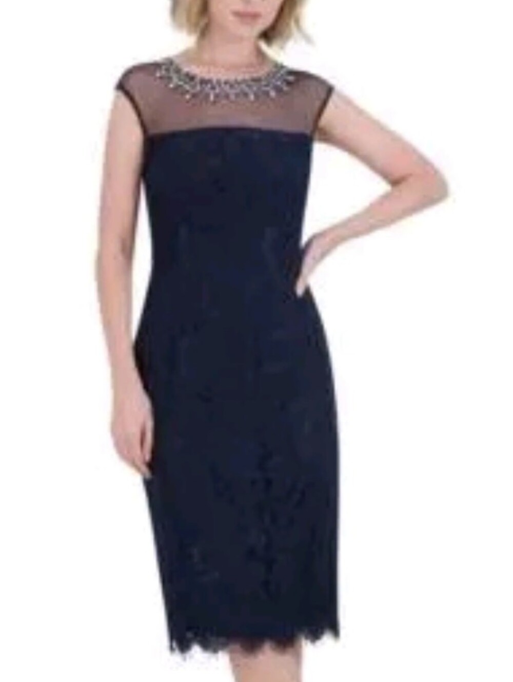 Eliza J Navy Lace Sheath Dress Embellished Illusion Jeweled Neckline 4P NWT